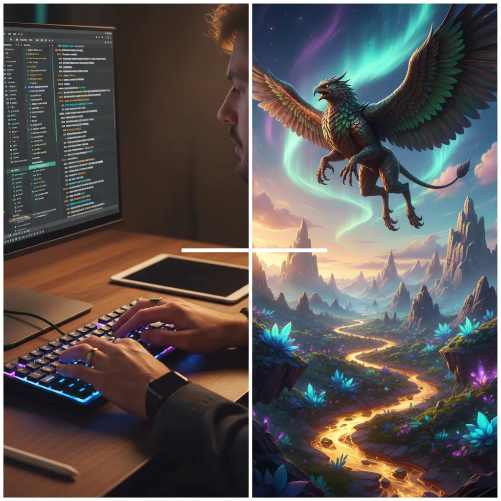 A split screen showing a user typing a prompt and the resulting fantastical video created by Sora AI.