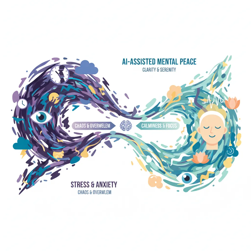 An infographic chart showing a journey from a chaotic, stressed state (represented by tangled lines)
to a calm, organized state (represented by smooth, flowing lines) with AI icons assisting at each stage