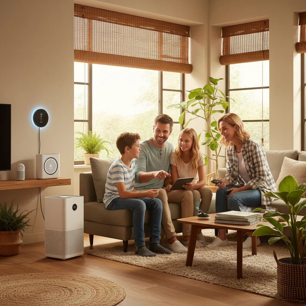 A happy family interacts with a central smart home hub in their sustainable living room