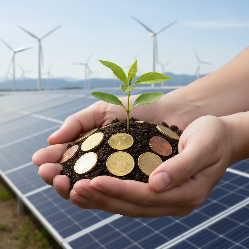 A pair of hands nurturing a small seedling that is growing out of a pile of coins, representing sustainable growth