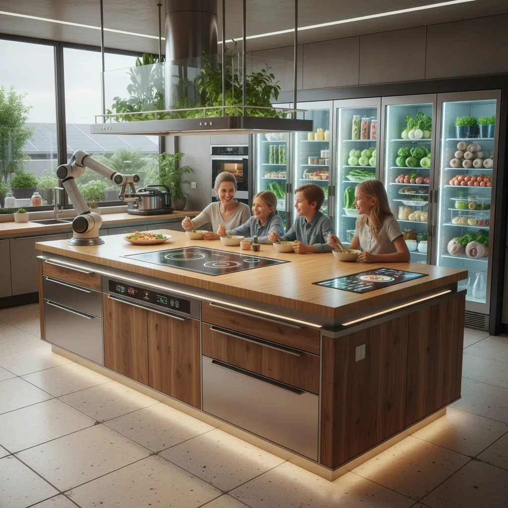 A bright and modern kitchen featuring energy-efficient smart appliances and sustainably sourced materials.