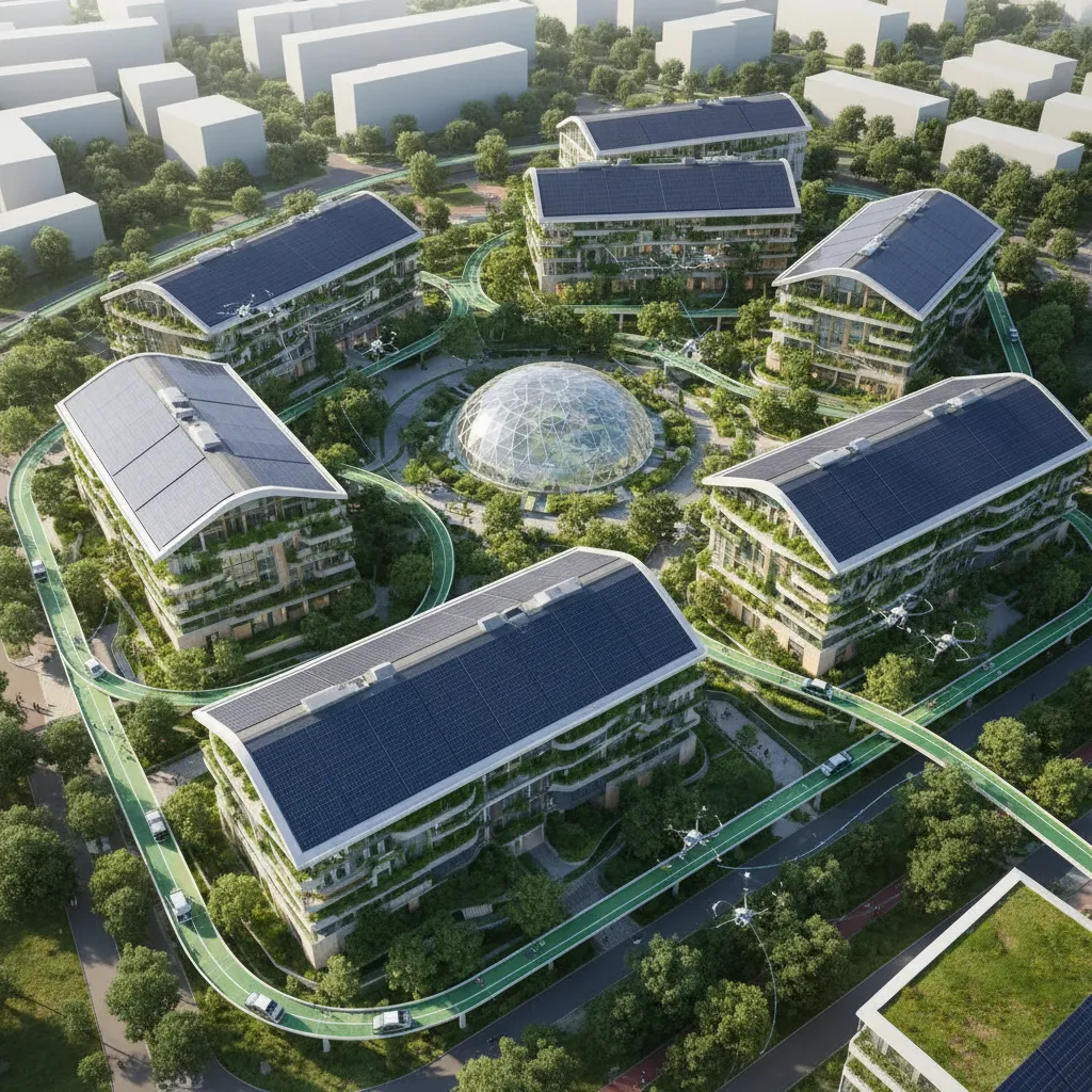 Aerial view of a green smart neighborhood with solar panels, vertical farms, and autonomous transport, monitored by AI drones.