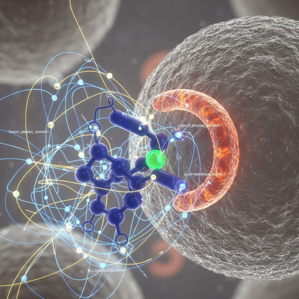 Microscopic view of AI-guided drug molecule targeting a cell receptor