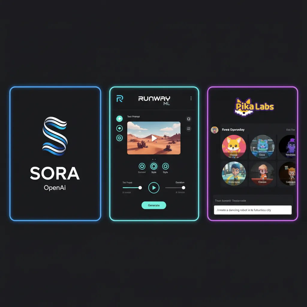 Logos of top AI video generation tools like Sora, Runway, and Pika Labs displayed side-by-side.