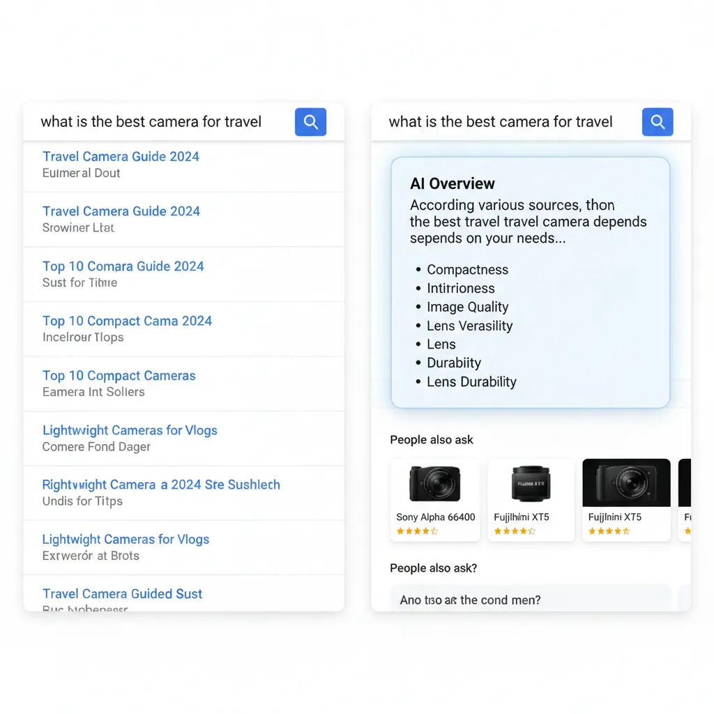 A split-screen image comparing a traditional Google search results page with the new AI Overview layout.