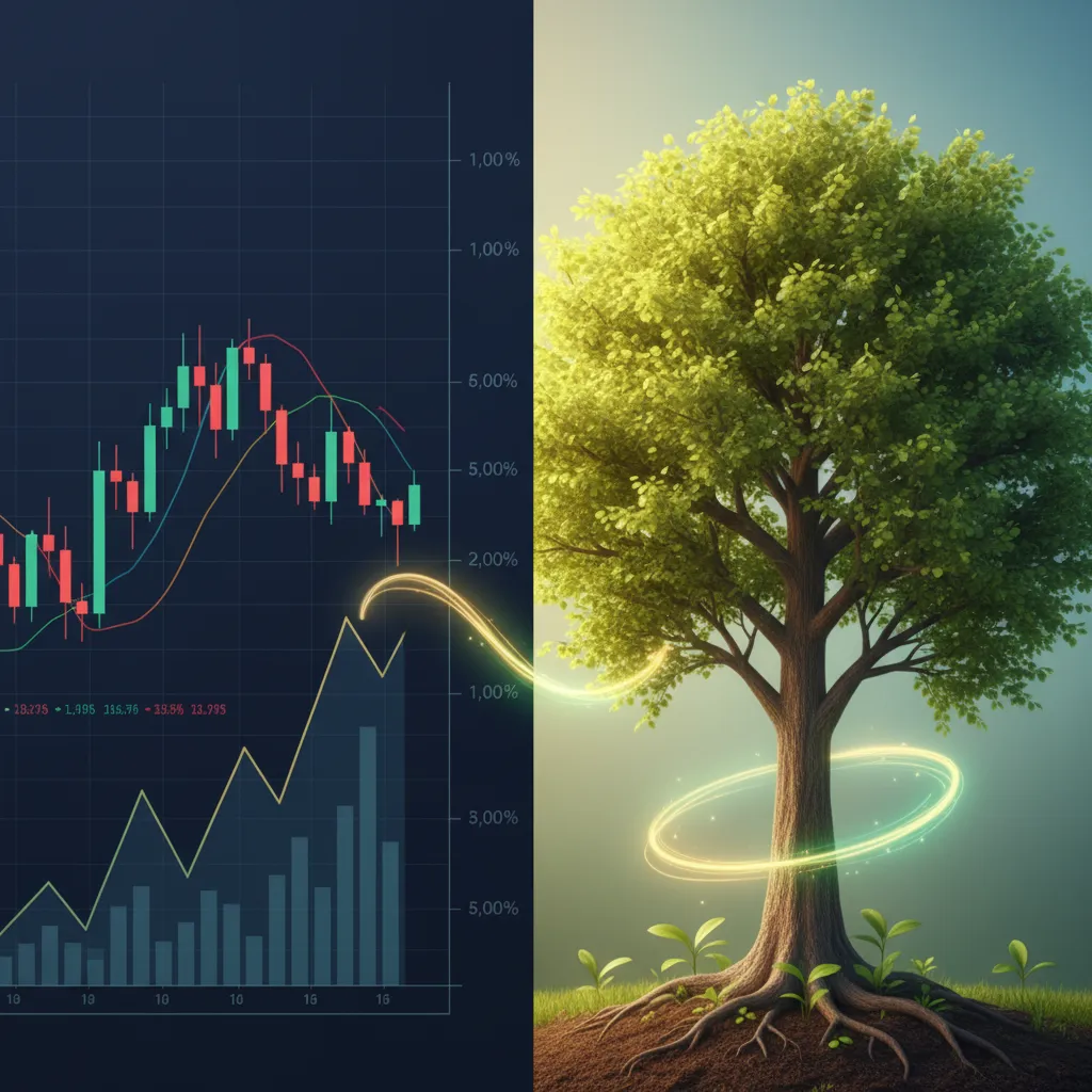 Traditional stock charts juxtaposed with a thriving tree, symbolizing the shift to sustainable finance.