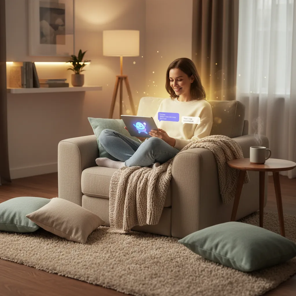 Person interacting with AI chatbot for stress relief