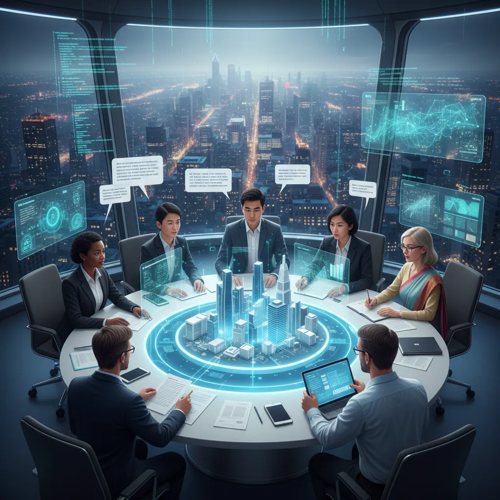 Professionals collaborating in a virtual meeting with AI-powered avatars