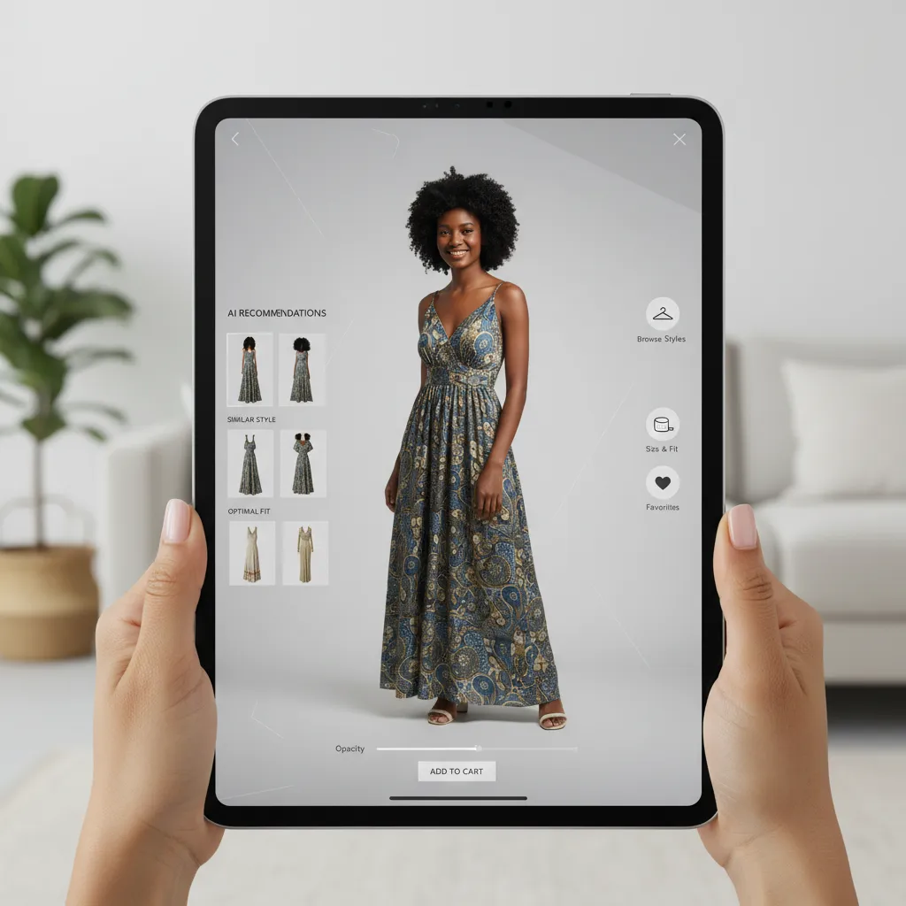 AI-powered virtual try-on app on a tablet with personalized clothing recommendations.