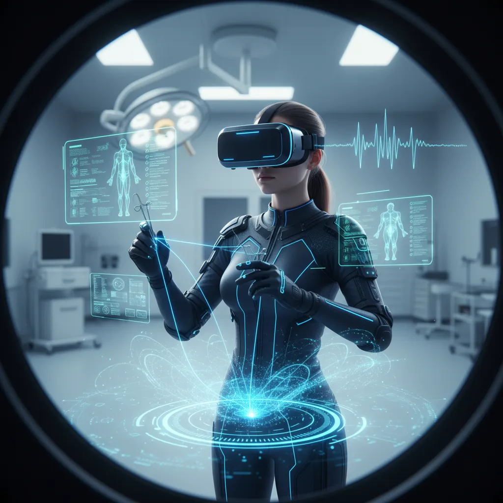 Student in VR headset learning with AI