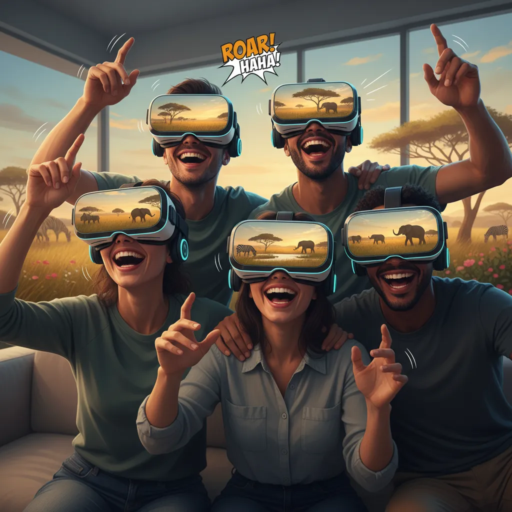 Friends laughing in VR headsets on a virtual safari.