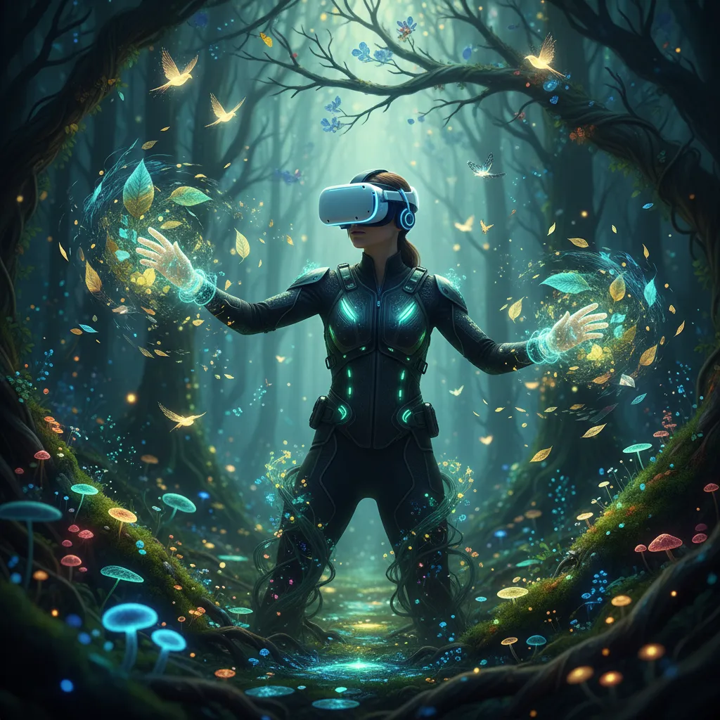 A person immersed in a VR forest with haptic vest
