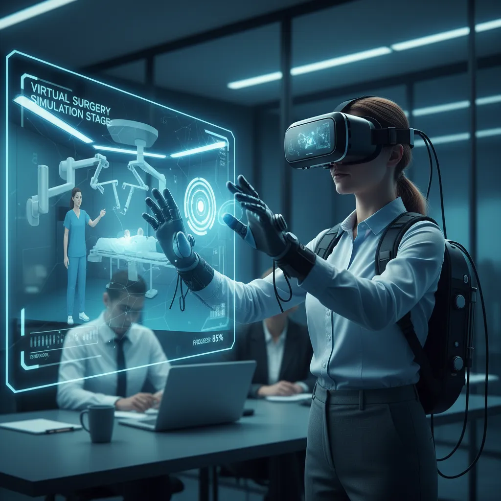 Employee learning a complex skill through interactive virtual reality training in the metaverse.