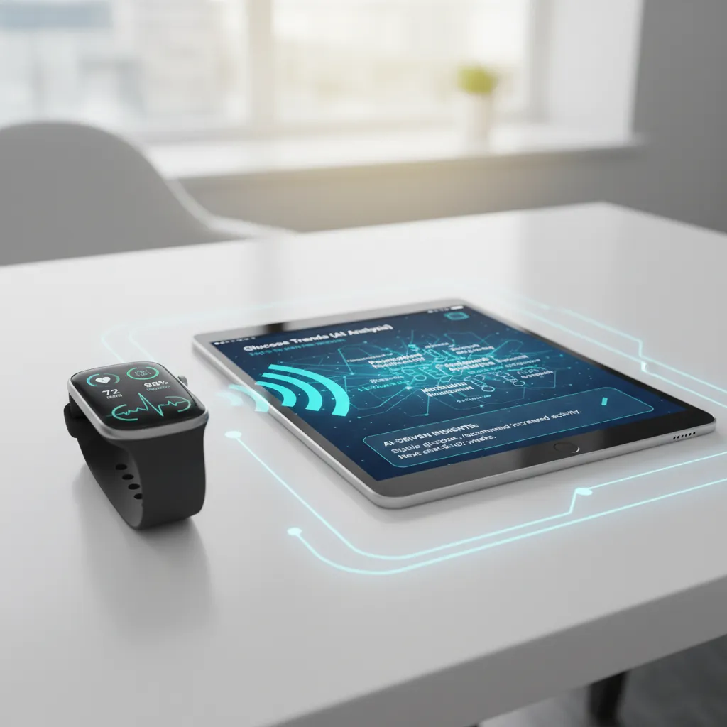 Smartwatch monitoring vital signs with AI insights on tablet
