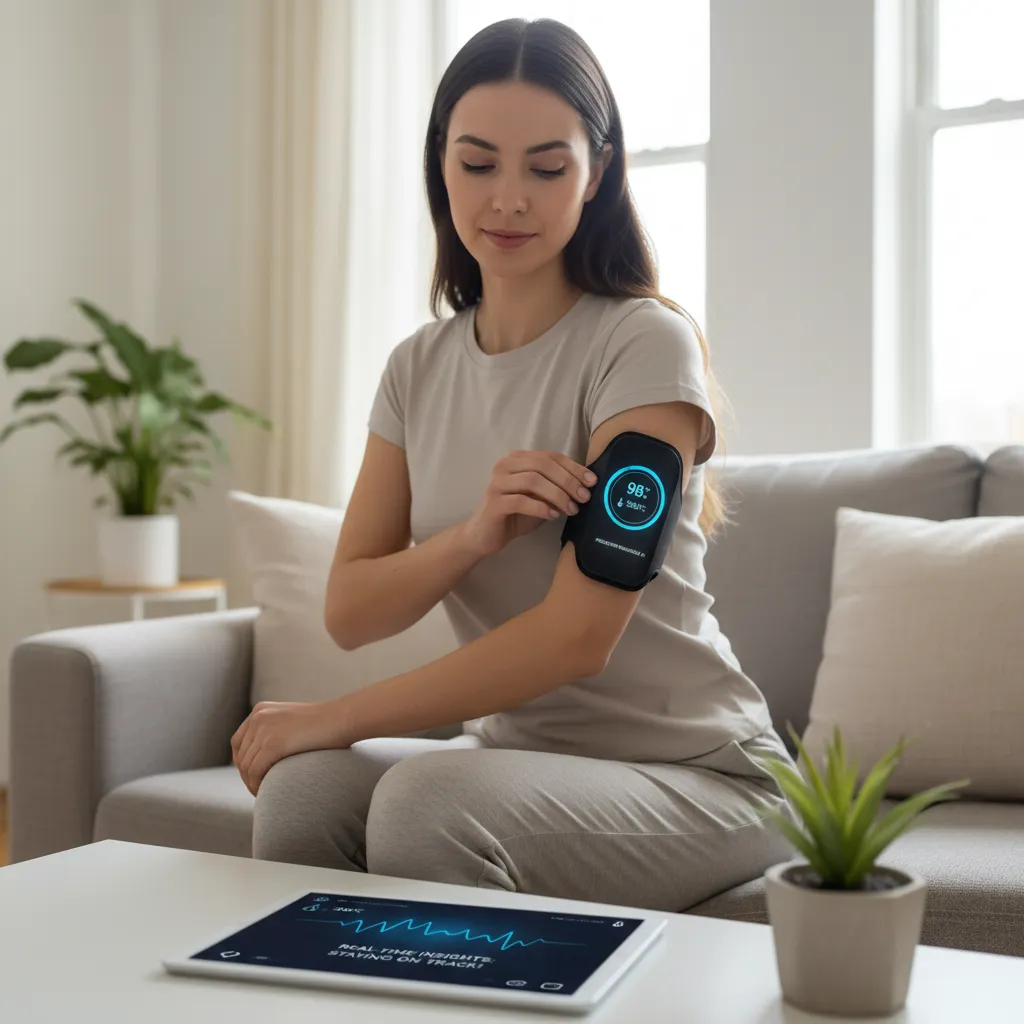Patient using AI-powered wearable for health monitoring at home