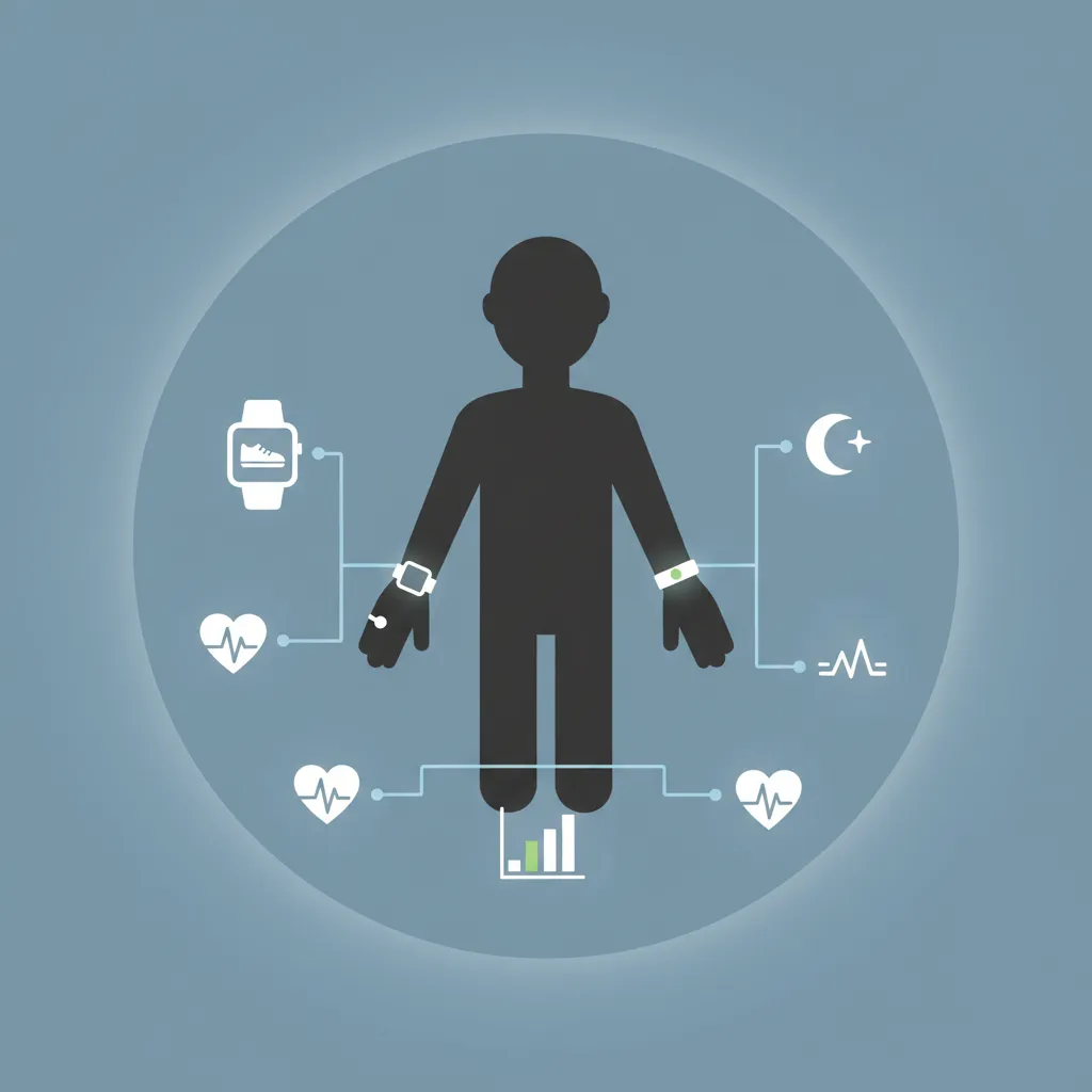Illustration of wearable devices tracking daily health metrics like steps and sleep.