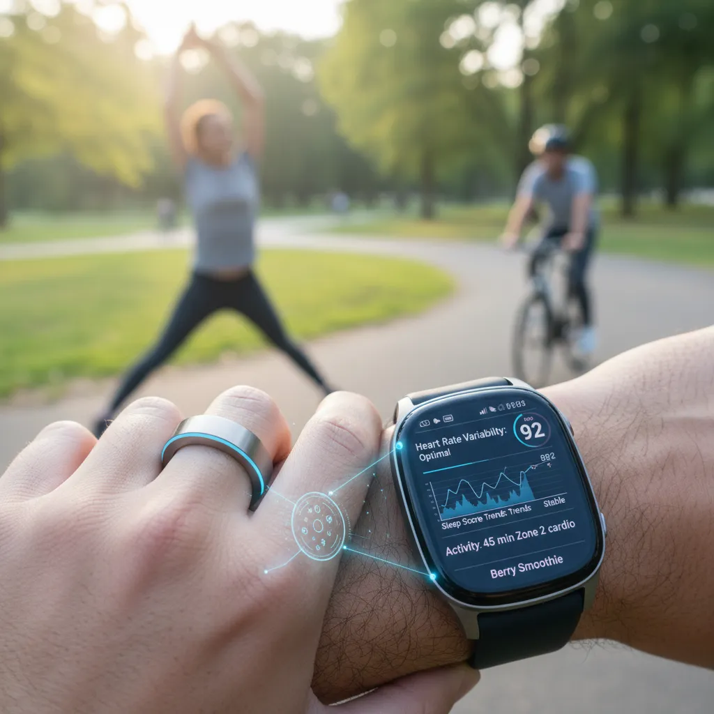 Close-up of futuristic wearable tech showing predictive health insights