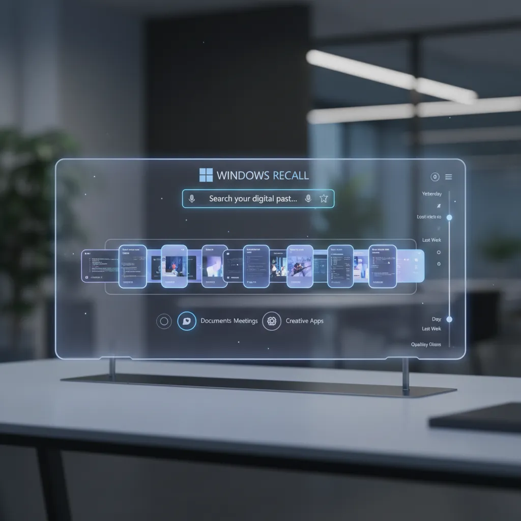 A user interacting with the Windows Recall feature on a transparent screen, showing a searchable timeline.