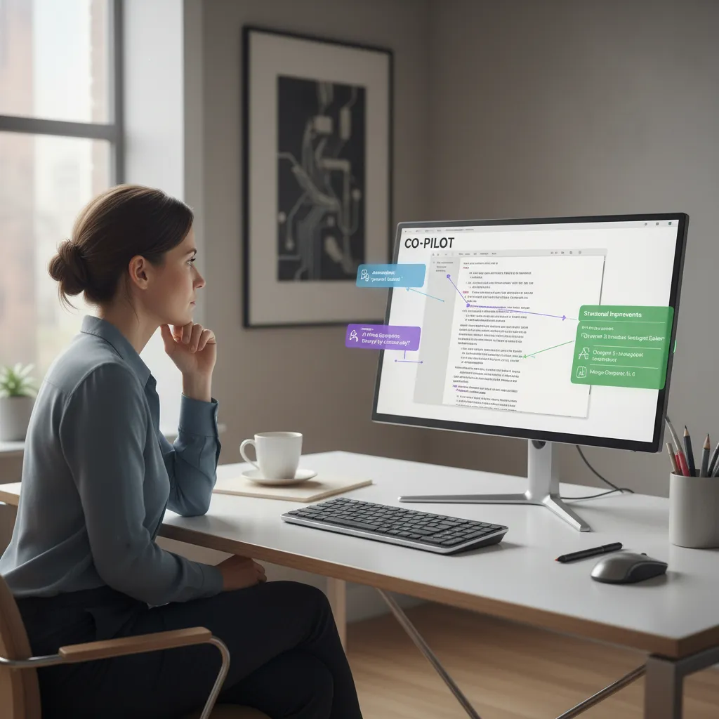 A writer using an AI-powered text editor to improve a manuscript.