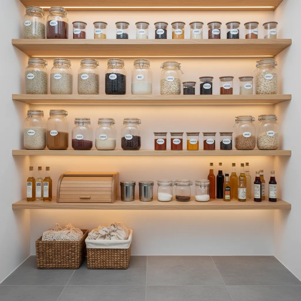 Organized pantry with bulk items in glass jars